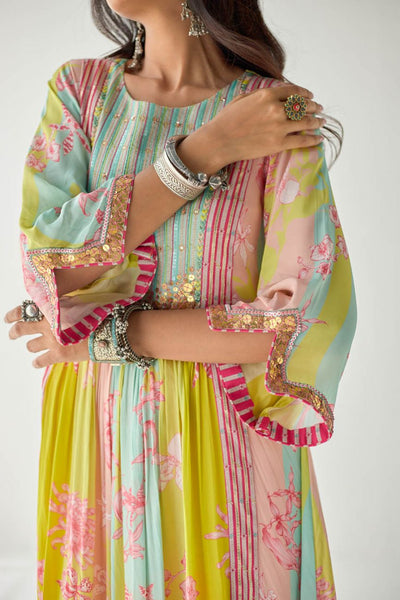 LIME YELLOW ORCHID FRONT PUCKERING YOKE KURTA SET