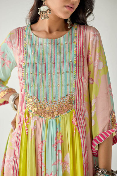 LIME YELLOW ORCHID FRONT PUCKERING YOKE KURTA SET