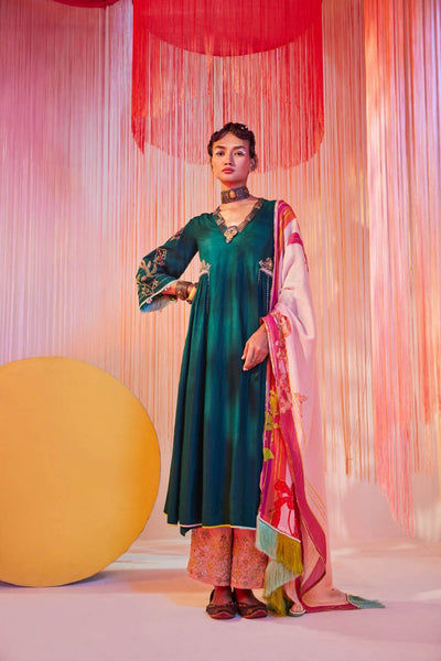 TEAL GREEN SIDE KALI KURTA SET