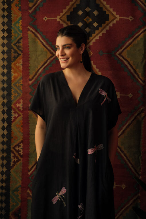 Dragon Fly Applique Embroidered Kaftan Black Fashion Mallika Mathur