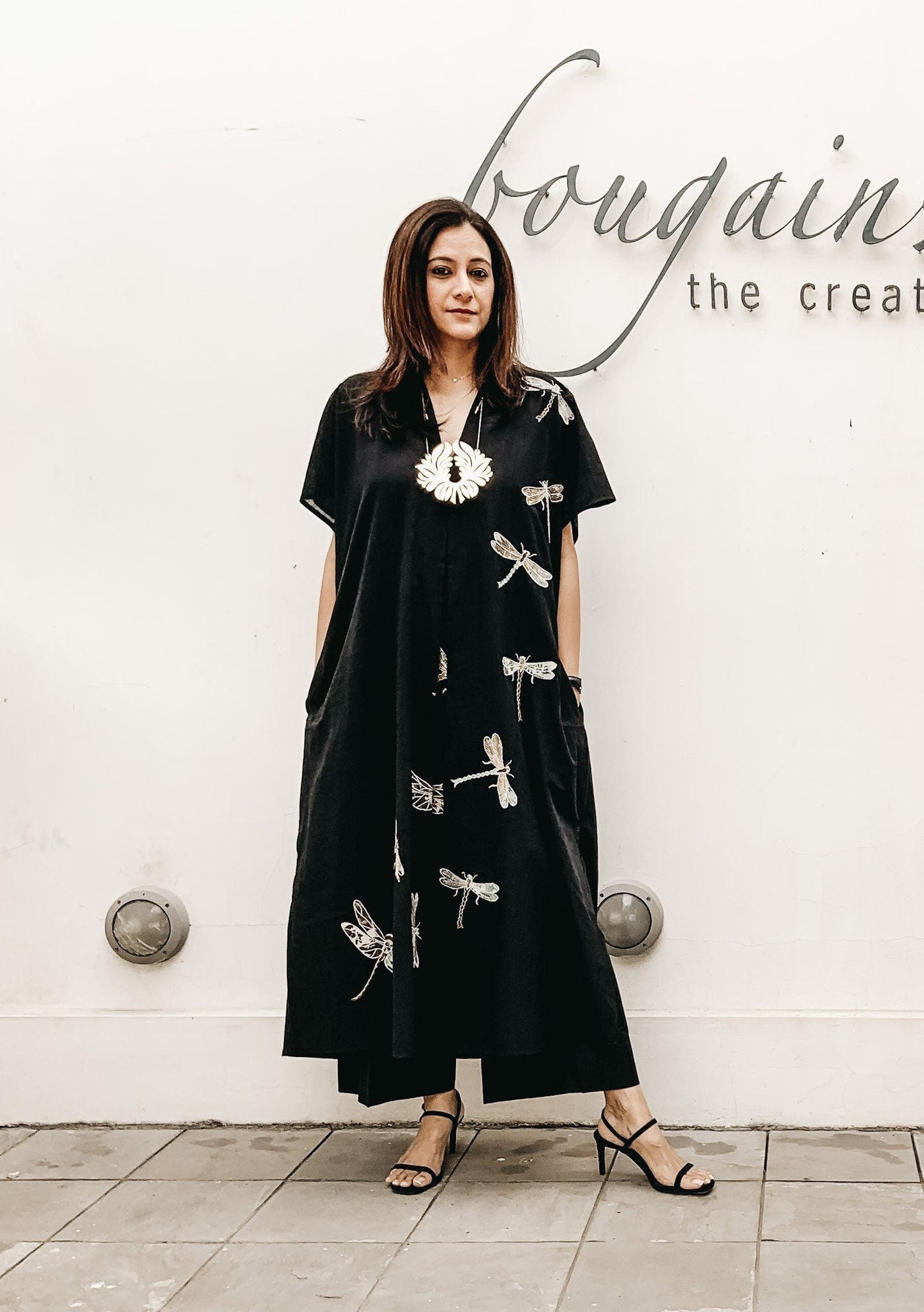 Dragon Fly Applique Embroidered Kaftan Black Fashion Mallika Mathur