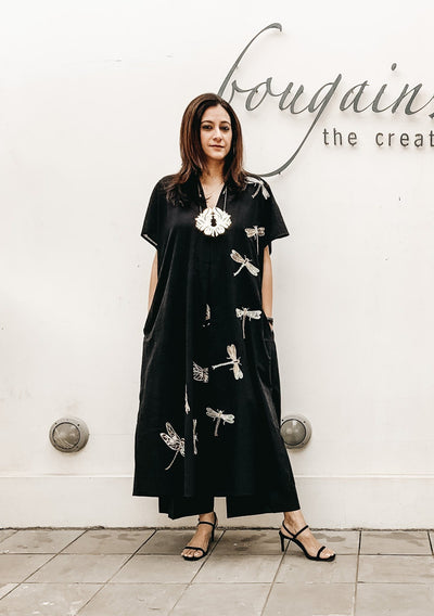 Dragon Fly Applique Embroidered Kaftan Black Fashion Mallika Mathur
