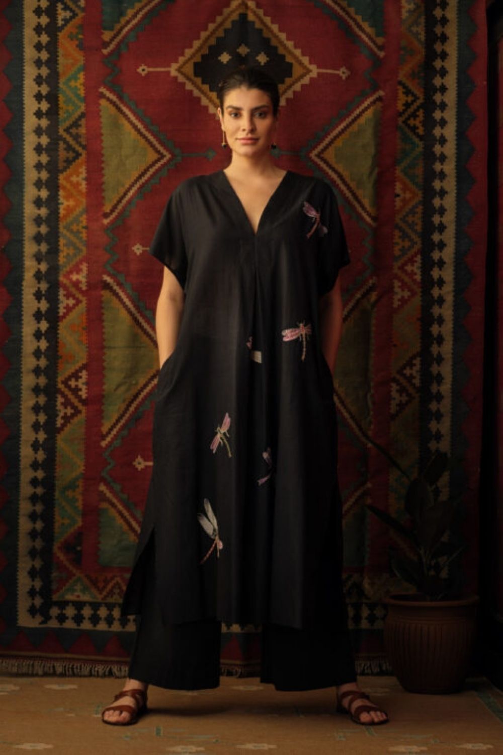 Dragon Fly Applique Embroidered Kaftan Black Fashion Mallika Mathur