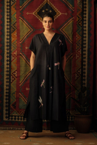 Dragon Fly Applique Embroidered Kaftan Black Fashion Mallika Mathur