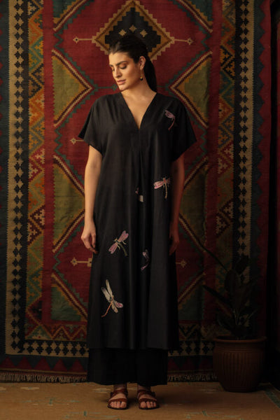 Dragon Fly Applique Embroidered Kaftan Black Fashion Mallika Mathur