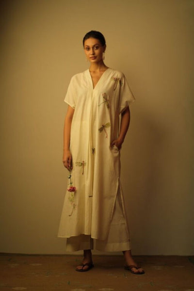 Dragon Fly Applique Embroidered Kaftan White Fashion Mallika Mathur