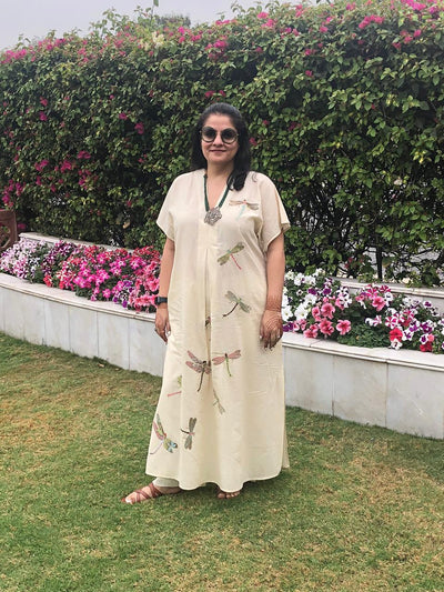 Dragon Fly Applique Embroidered Kaftan White Fashion Mallika Mathur