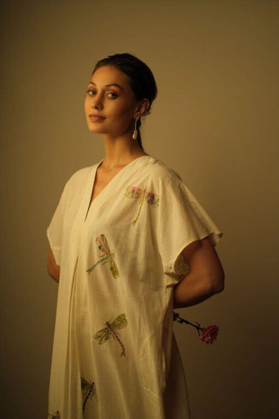 Dragon Fly Applique Embroidered Kaftan White Fashion Mallika Mathur