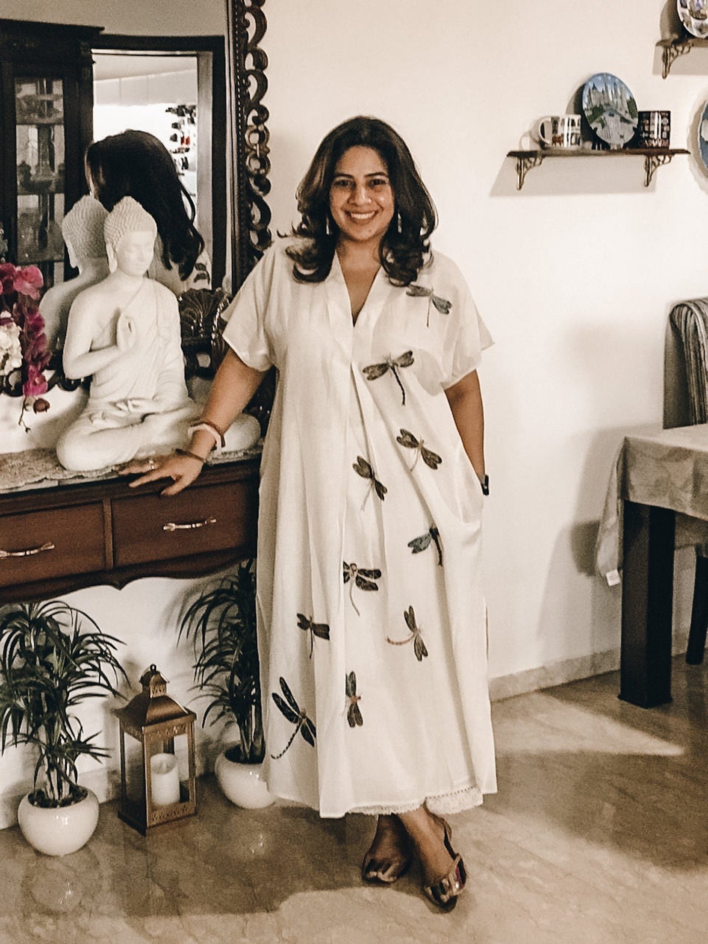 Dragon Fly Applique Embroidered Kaftan White Fashion Mallika Mathur