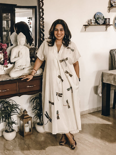 Dragon Fly Applique Embroidered Kaftan White Fashion Mallika Mathur