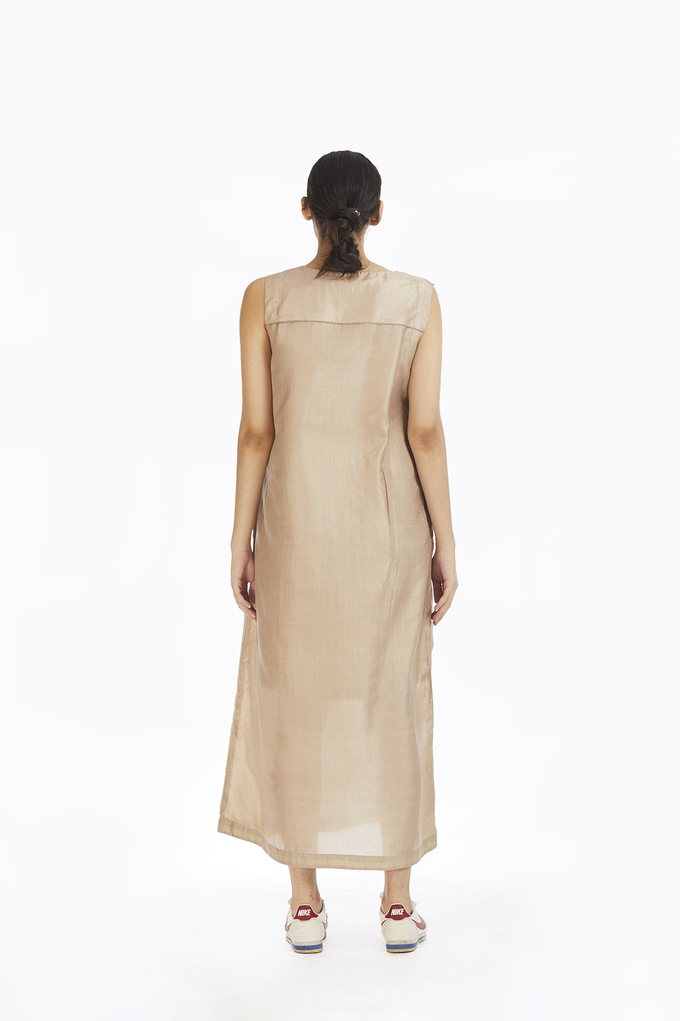 Ecru Silk Sleeveless Long Dress Fashion Akaaro