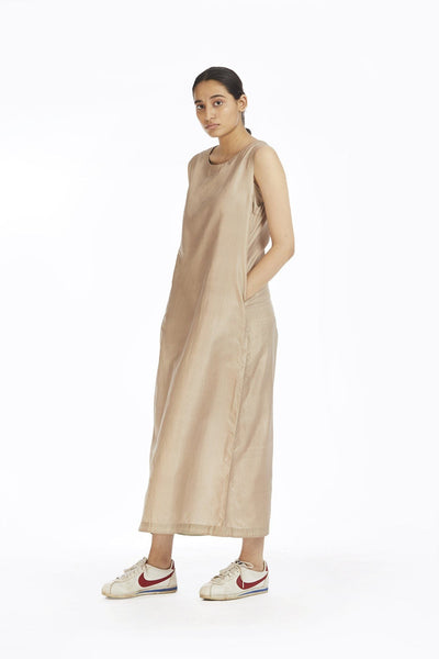 Ecru Silk Sleeveless Long Dress Fashion Akaaro
