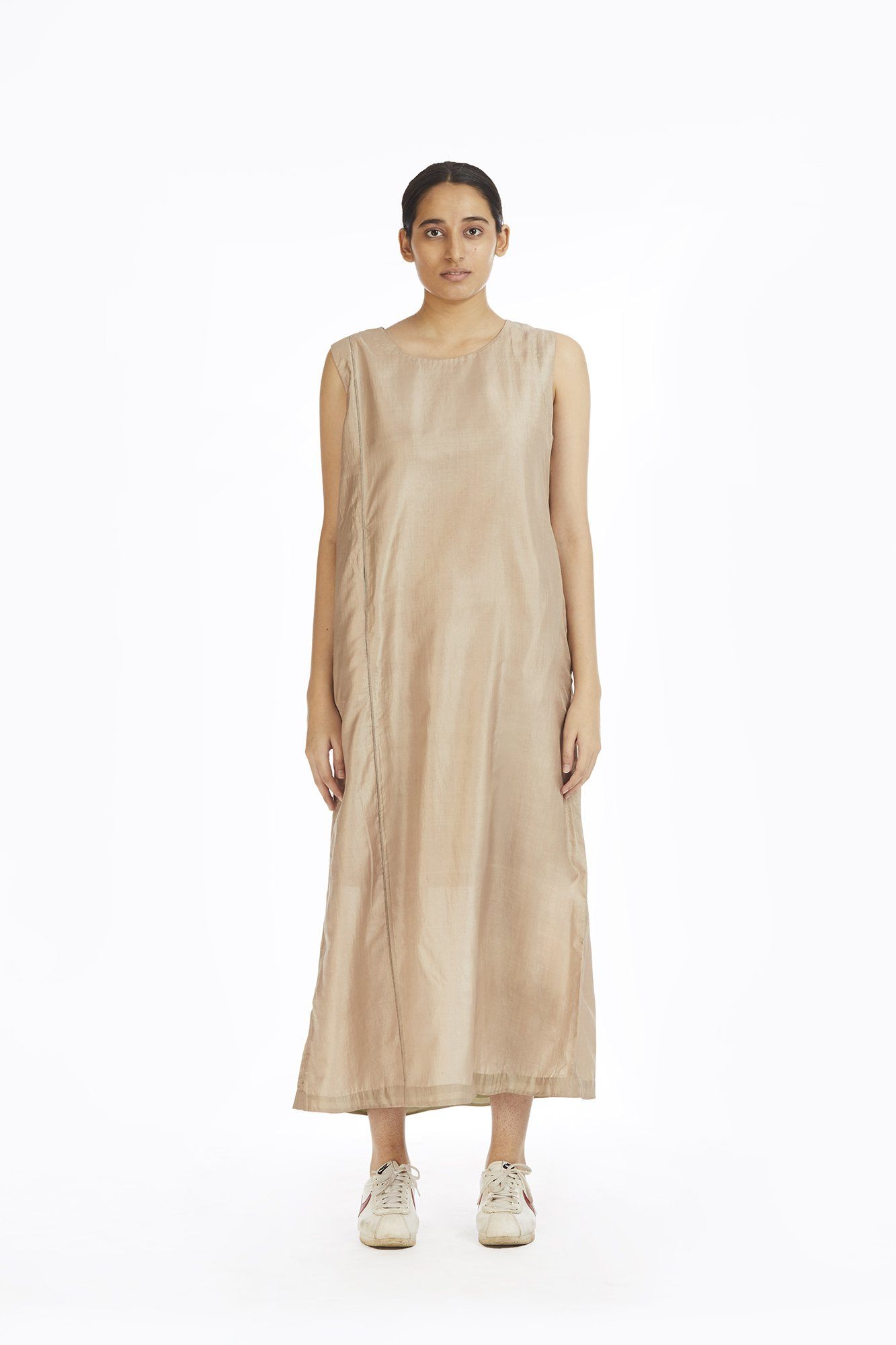 Ecru Silk Sleeveless Long Dress Fashion Akaaro