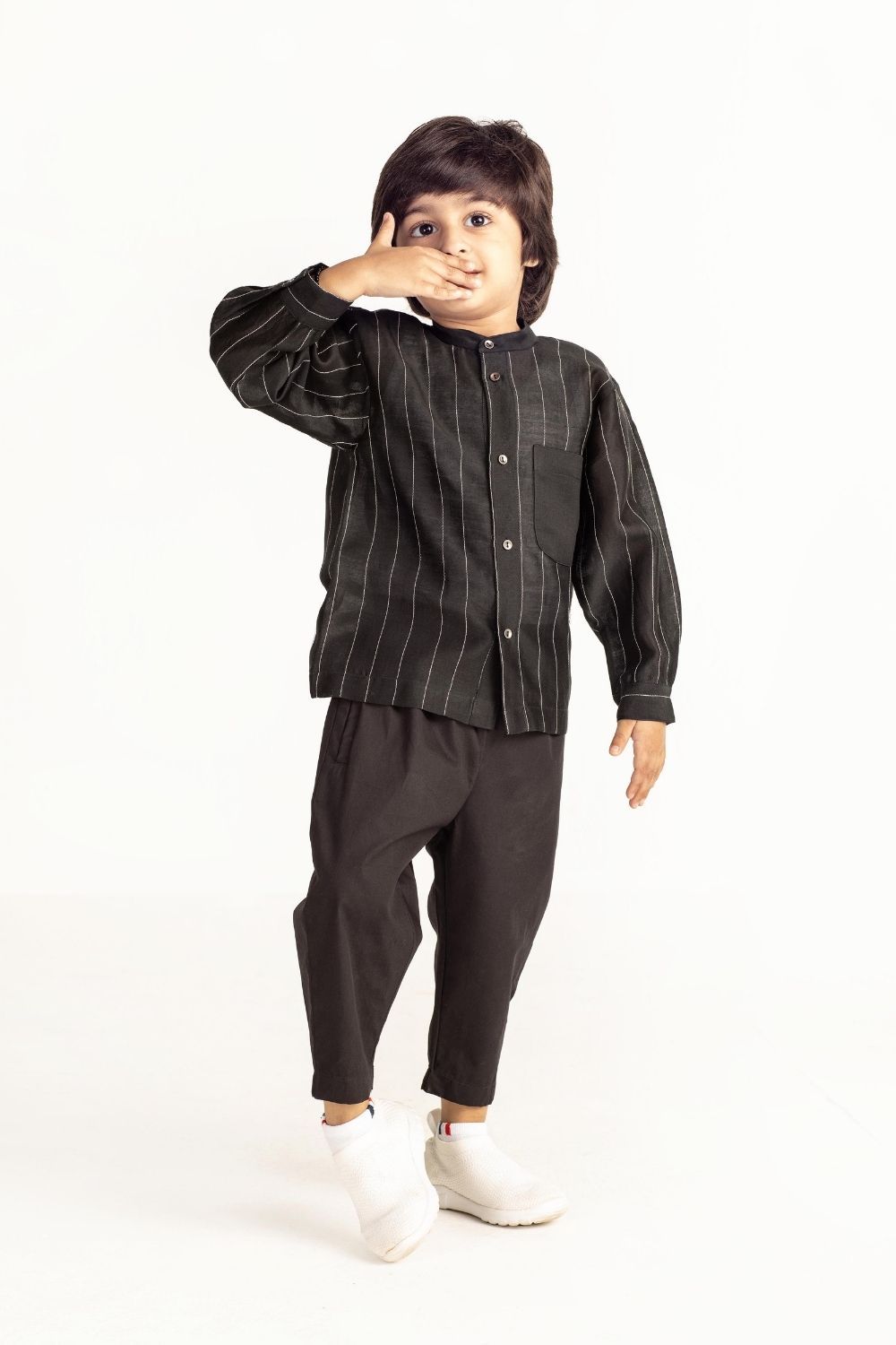 Embroidered Band Collar Shirt - Black Kids THREE Kids 