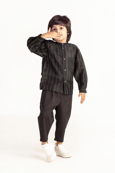 Embroidered Band Collar Shirt - Black Kids THREE Kids 