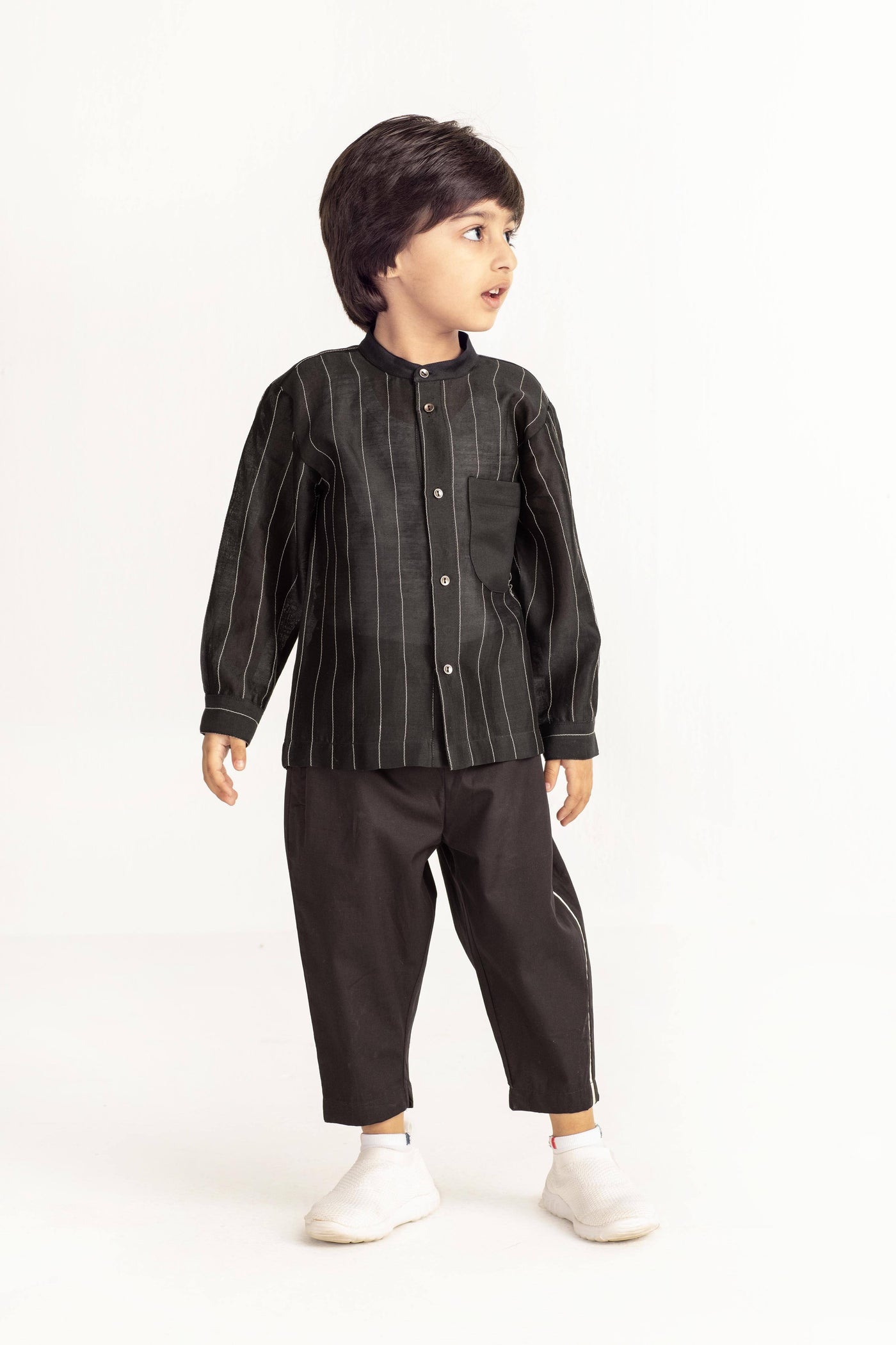 Embroidered Band Collar Shirt - Black Kids THREE Kids 