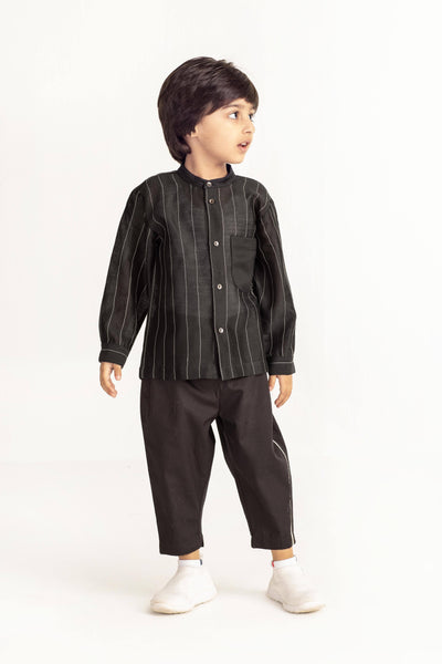 Embroidered Band Collar Shirt - Black Kids THREE Kids 