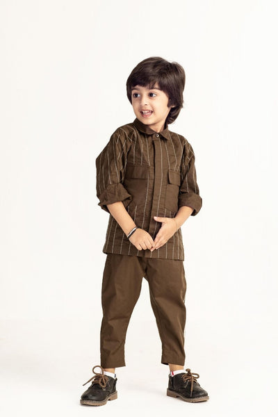 Embroidered Front Pocket Shirt Co-ord - Olive Kids THREE Kids 