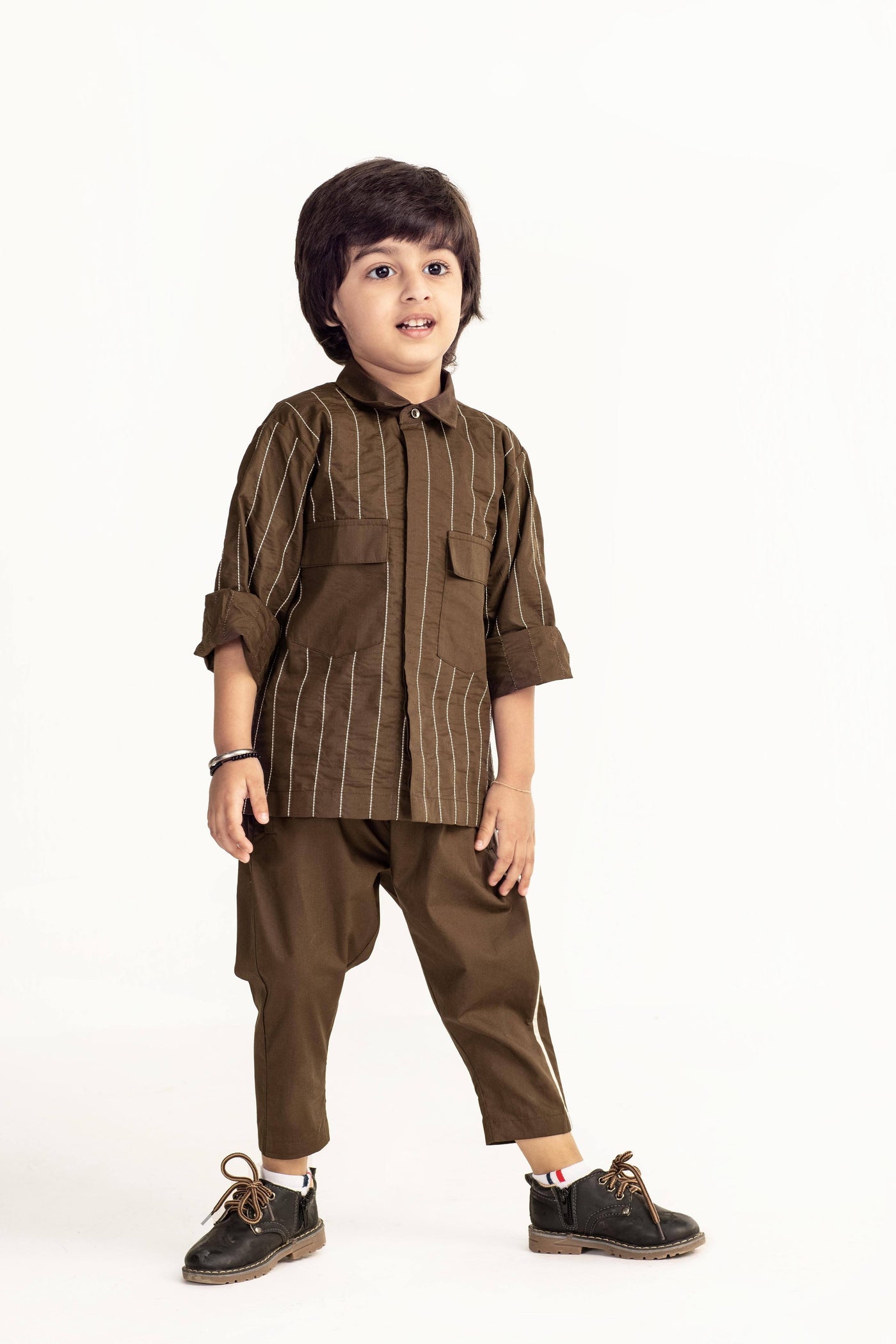 Embroidered Front Pocket Shirt Co-ord - Olive Kids THREE Kids 