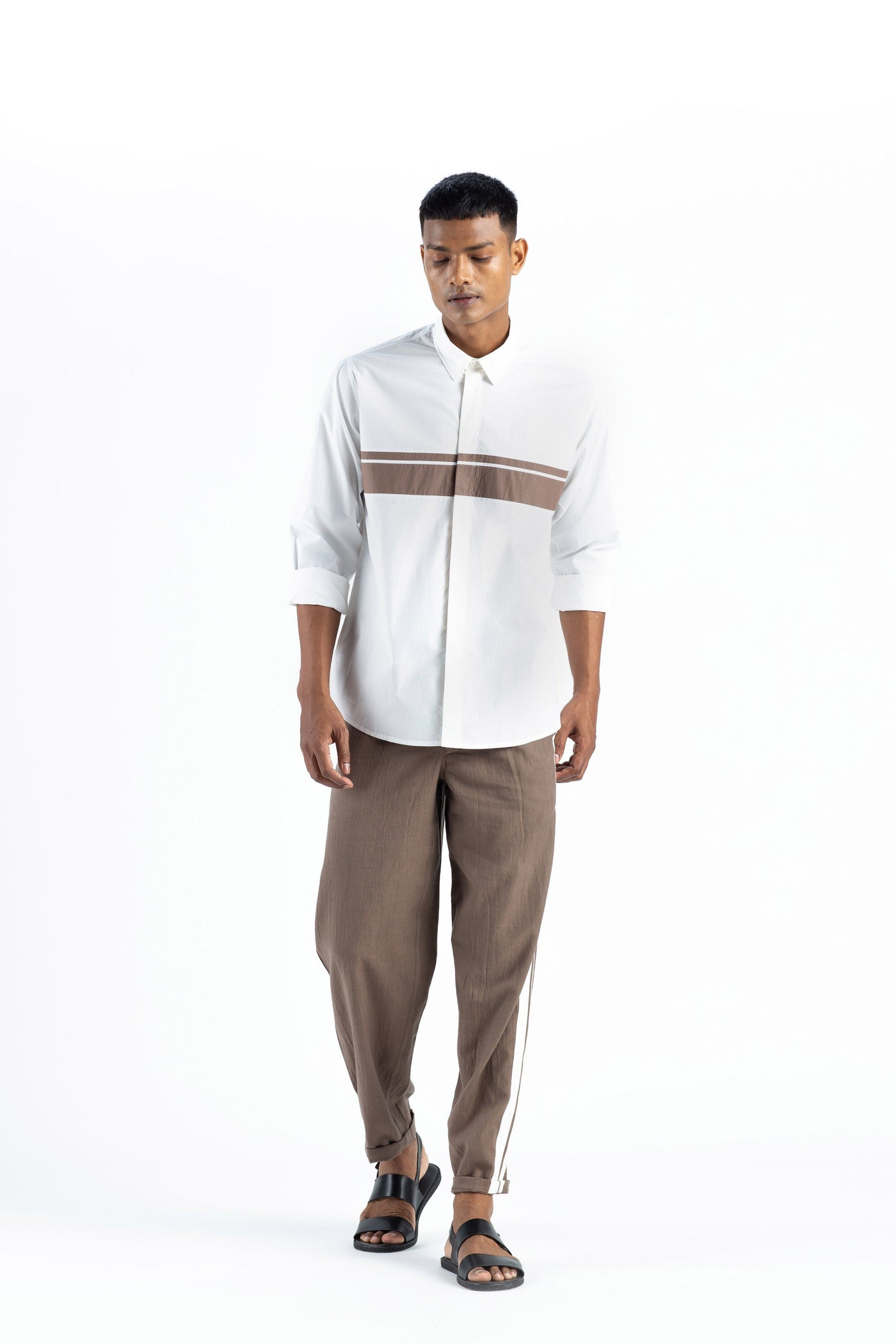 Front Applique Stripe Shirt Co-ord- White Men THREE Men 