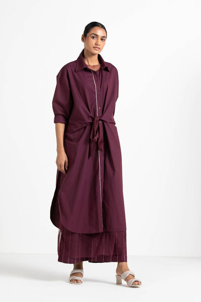 Front Knot Shirt Co-ord Wine (Set of 2) Fashion THREE
