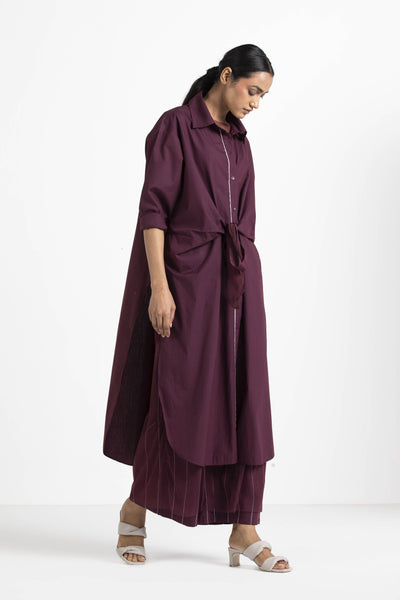 Front Knot Shirt Co-ord Wine (Set of 2) Fashion THREE