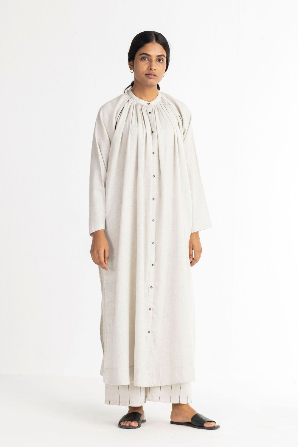 Gather Neck Shirt Co-ord - Beige Fashion THREE