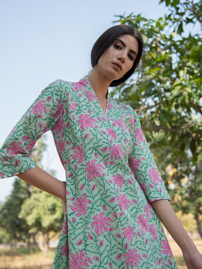 Green Gardenia wrap set-Green Pink Hand Block Printed Cotton Wrap Kurta with White Palazzo Fashion Marche