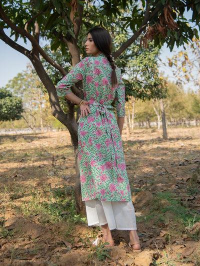 Green Gardenia wrap set-Green Pink Hand Block Printed Cotton Wrap Kurta with White Palazzo Fashion Marche