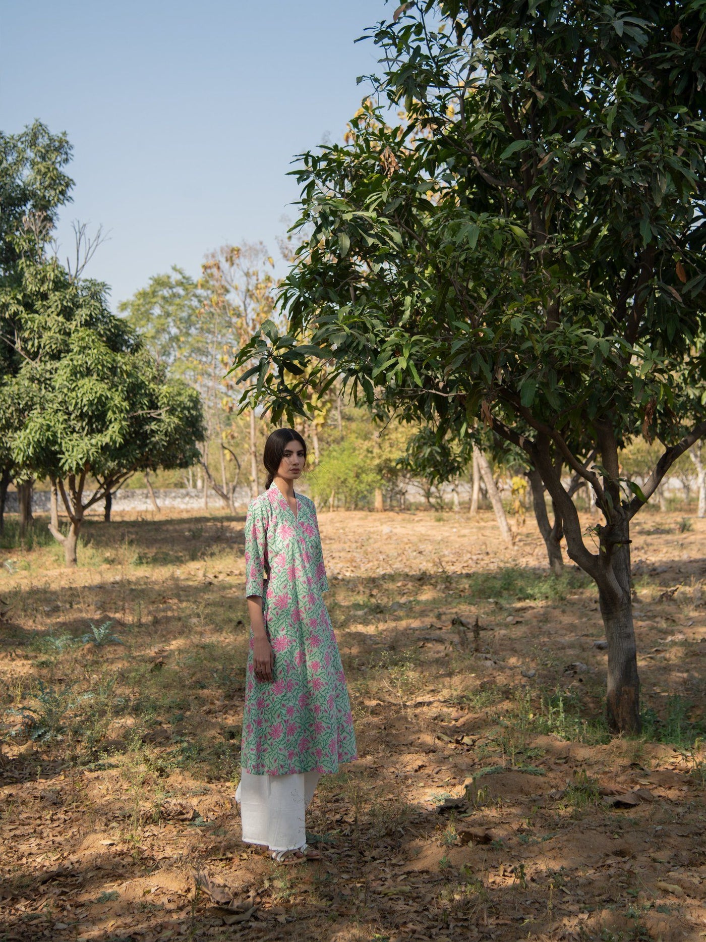 Green Gardenia wrap set-Green Pink Hand Block Printed Cotton Wrap Kurta with White Palazzo Fashion Marche