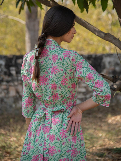 Green Gardenia wrap set-Green Pink Hand Block Printed Cotton Wrap Kurta with White Palazzo Fashion Marche