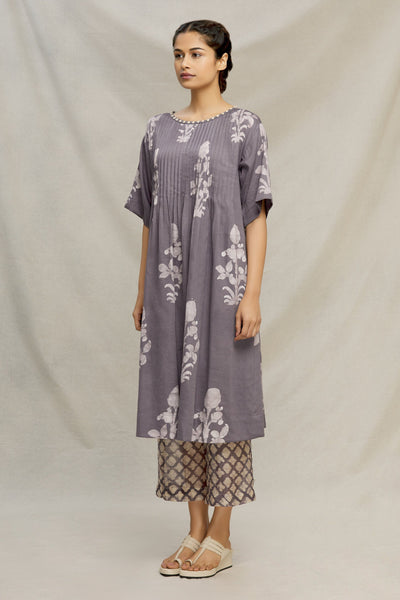 GREY BATIK PLANT TUCK KURTA WITH BOAT NECK AND BULLION HAND EMBROIDERY Fashion MYOHO 