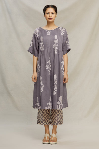 GREY BATIK PLANT TUCK KURTA WITH BOAT NECK AND BULLION HAND EMBROIDERY Fashion MYOHO 