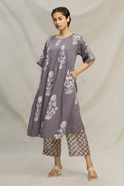 GREY BATIK PLANT TUCK KURTA WITH BOAT NECK AND BULLION HAND EMBROIDERY Fashion MYOHO 