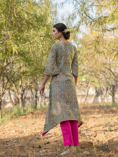 Grey Gardenia Kurta Set- Grey Hand Block Printed Cotton Asymmetric Kurta with Magenta Pants Fashion Marche