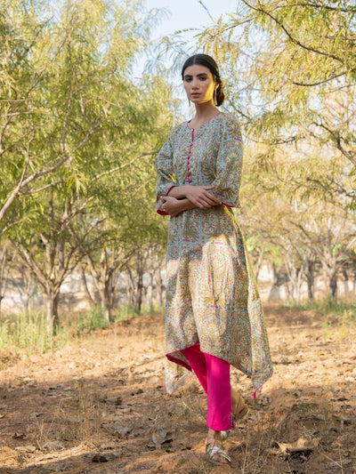 Grey Gardenia Kurta Set- Grey Hand Block Printed Cotton Asymmetric Kurta with Magenta Pants Fashion Marche