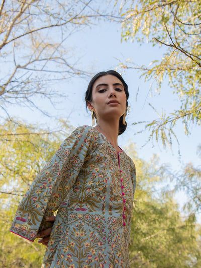 Grey Gardenia Kurta Set- Grey Hand Block Printed Cotton Asymmetric Kurta with Magenta Pants Fashion Marche