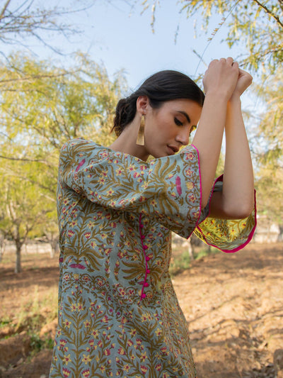Grey Gardenia Kurta Set- Grey Hand Block Printed Cotton Asymmetric Kurta with Magenta Pants Fashion Marche