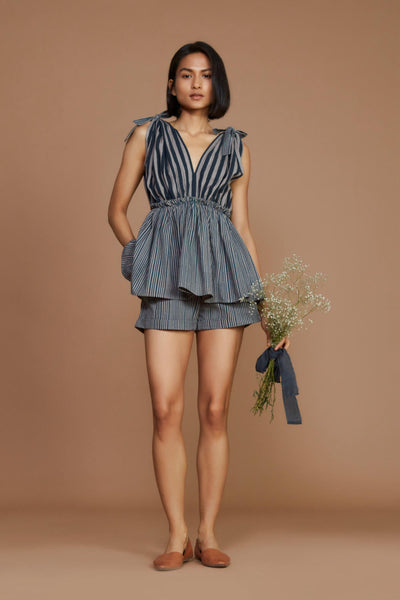 Grey with Charcoal Striped Frill Top and Shorts Co-Ord Set Fashion Mati