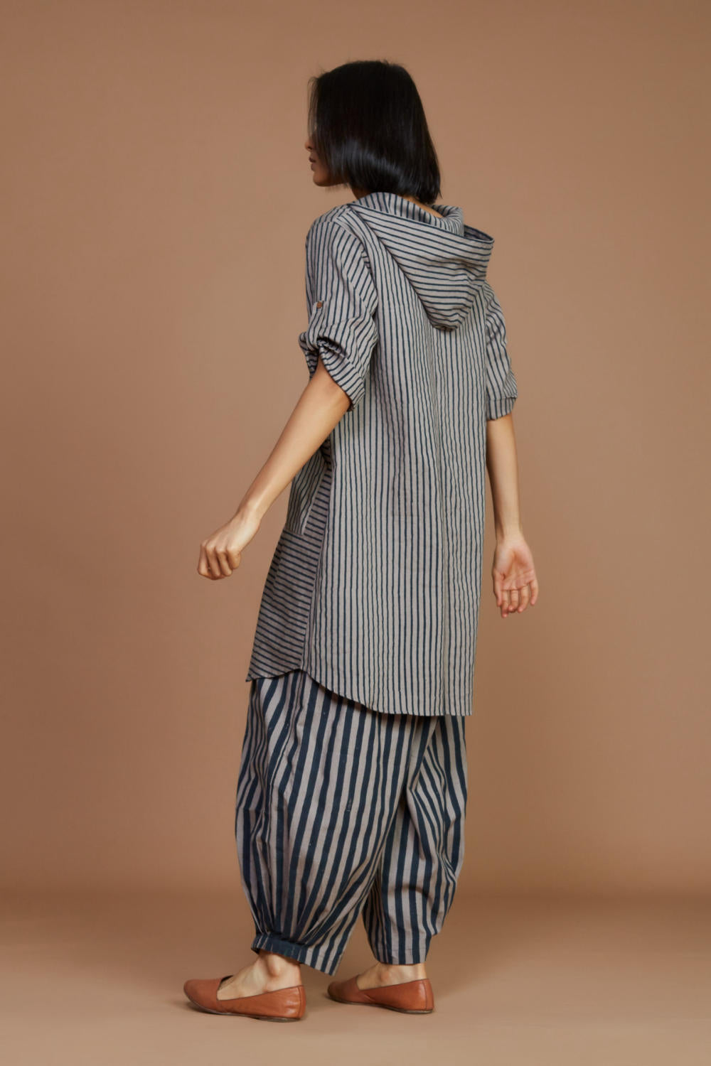 Grey With Charcoal Striped Hooded Co-Ord Set Fashion Mati
