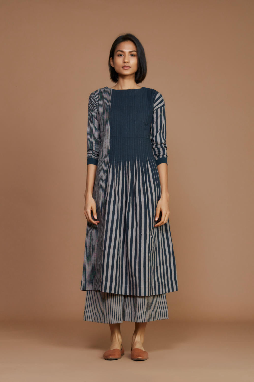 Grey With Charcoal Striped Pleated Co-Ord Set Fashion Mati