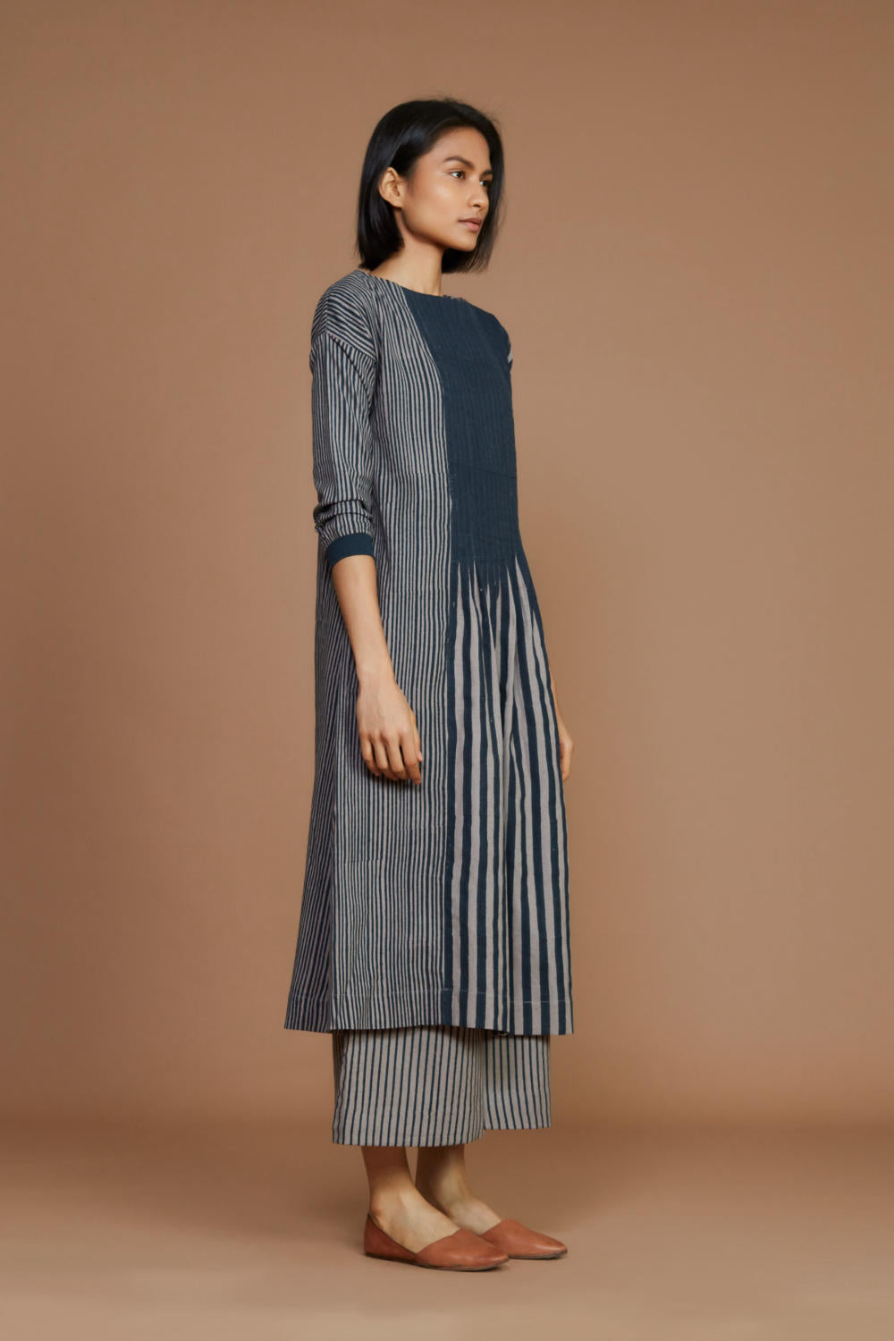 Grey With Charcoal Striped Pleated Co-Ord Set Fashion Mati
