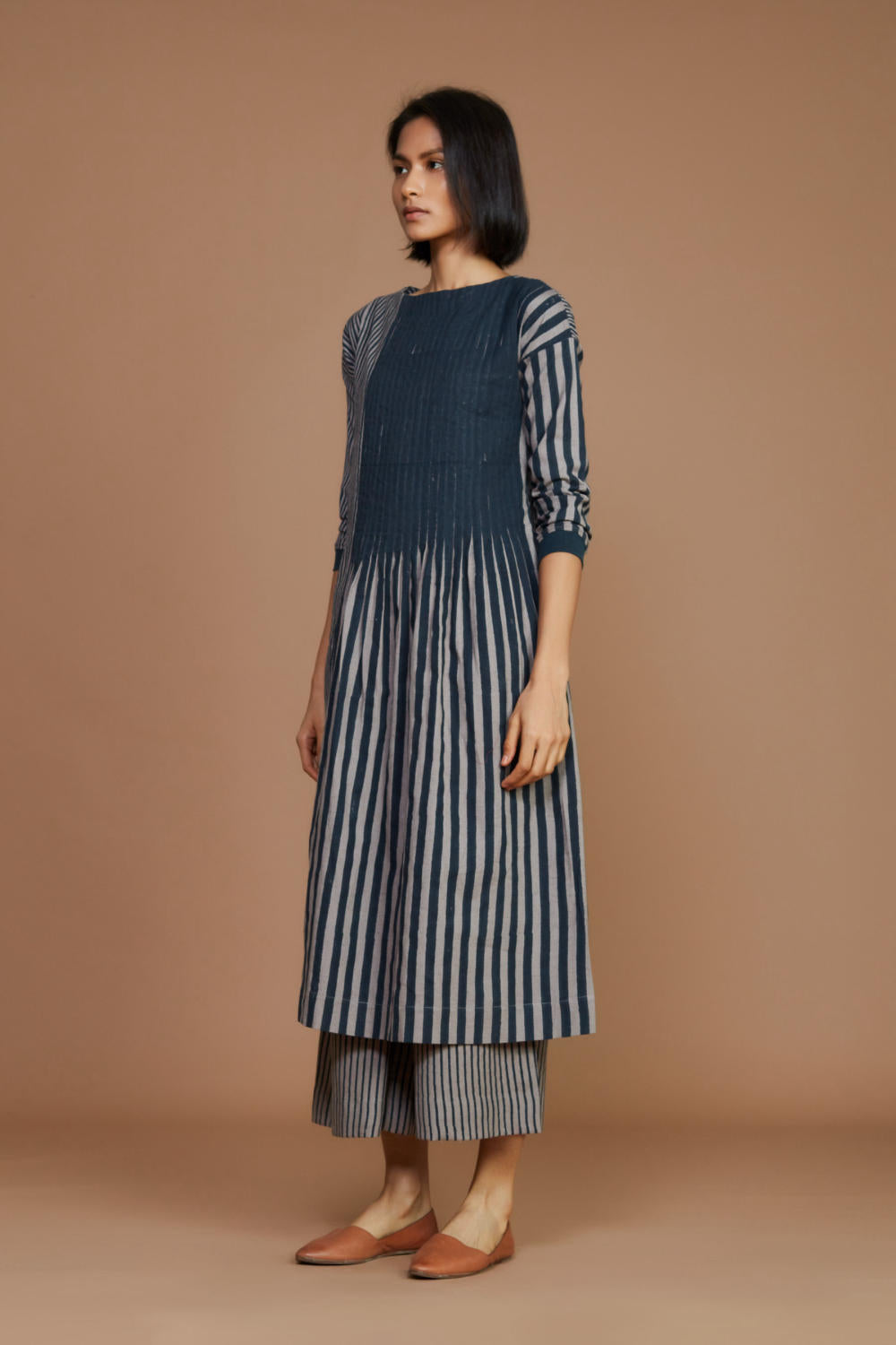 Grey With Charcoal Striped Pleated Co-Ord Set Fashion Mati