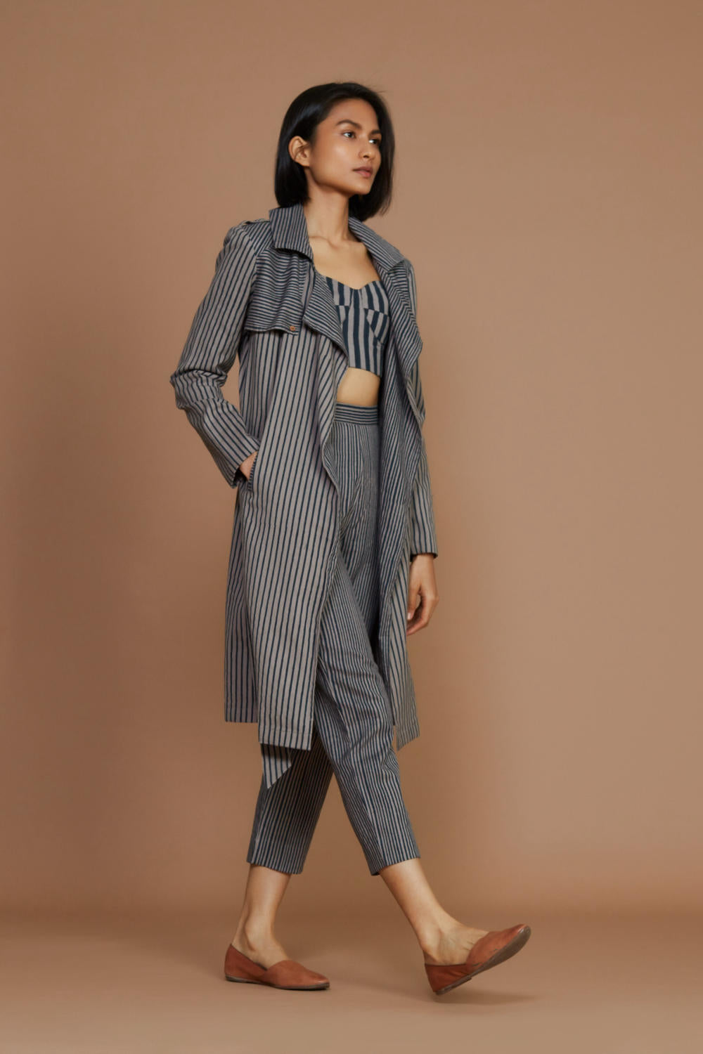 Grey with Charcoal Striped Trench & Corset Co-Ord Set Fashion Mati