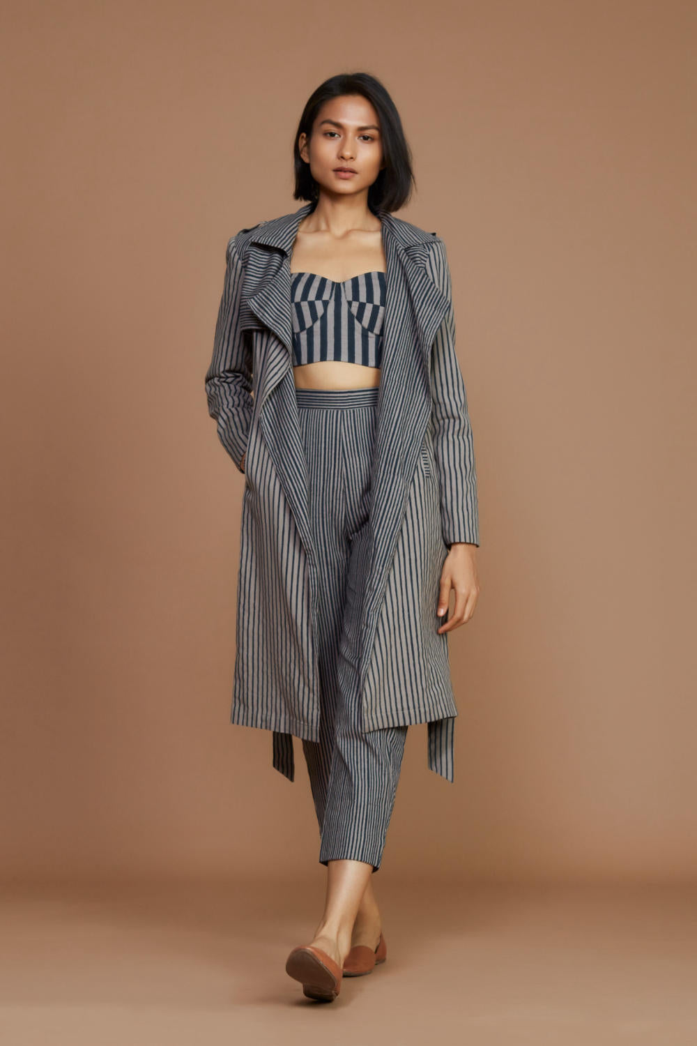 Grey with Charcoal Striped Trench & Corset Co-Ord Set Fashion Mati