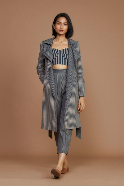 Grey with Charcoal Striped Trench & Corset Co-Ord Set Fashion Mati