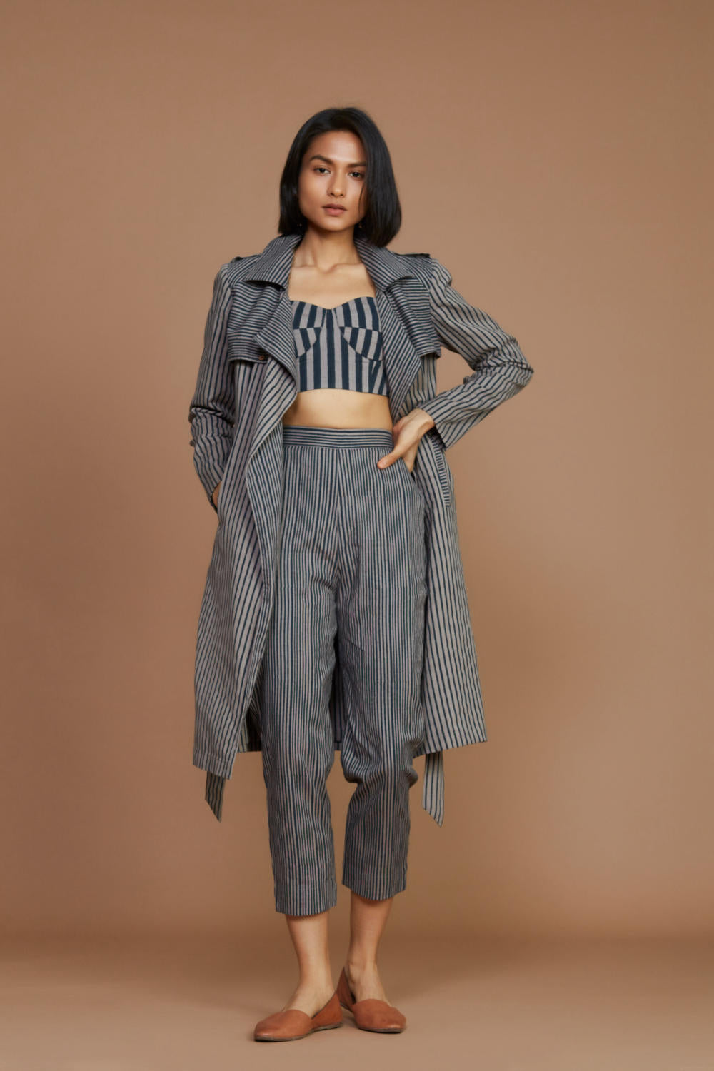 Grey with Charcoal Striped Trench & Corset Co-Ord Set Fashion Mati XS Co-ord Set of 3