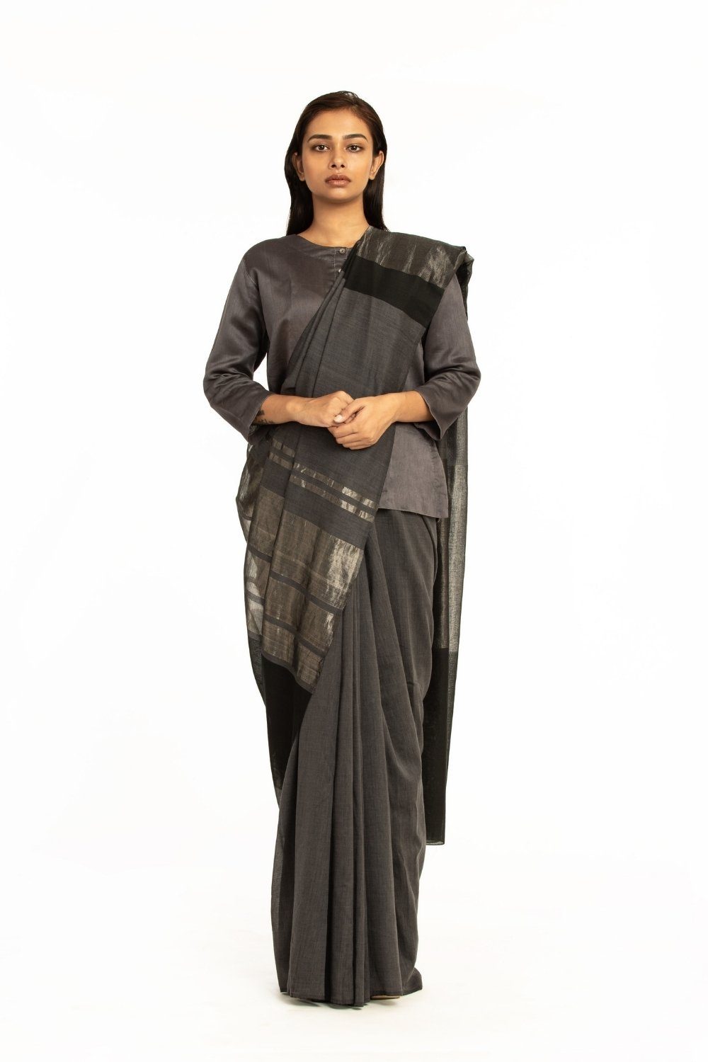 Handwovem Grey Black Engineered Cotton Saree Fashion Akaaro