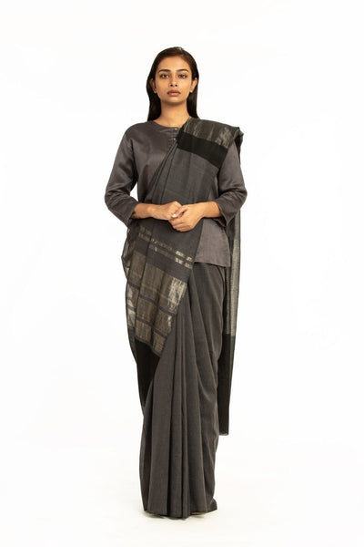 Handwovem Grey Black Engineered Cotton Saree Fashion Akaaro