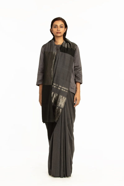 Handwovem Grey Black Engineered Cotton Saree Fashion Akaaro